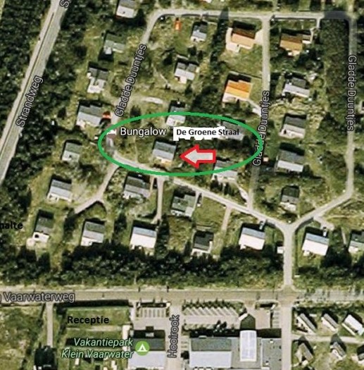 Het perceel van Klein Vaarwater met de locatie van bungalow De Groene Straal
